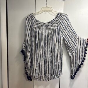 Selfie Leslie Blue and White Bell Sleeve Blouse